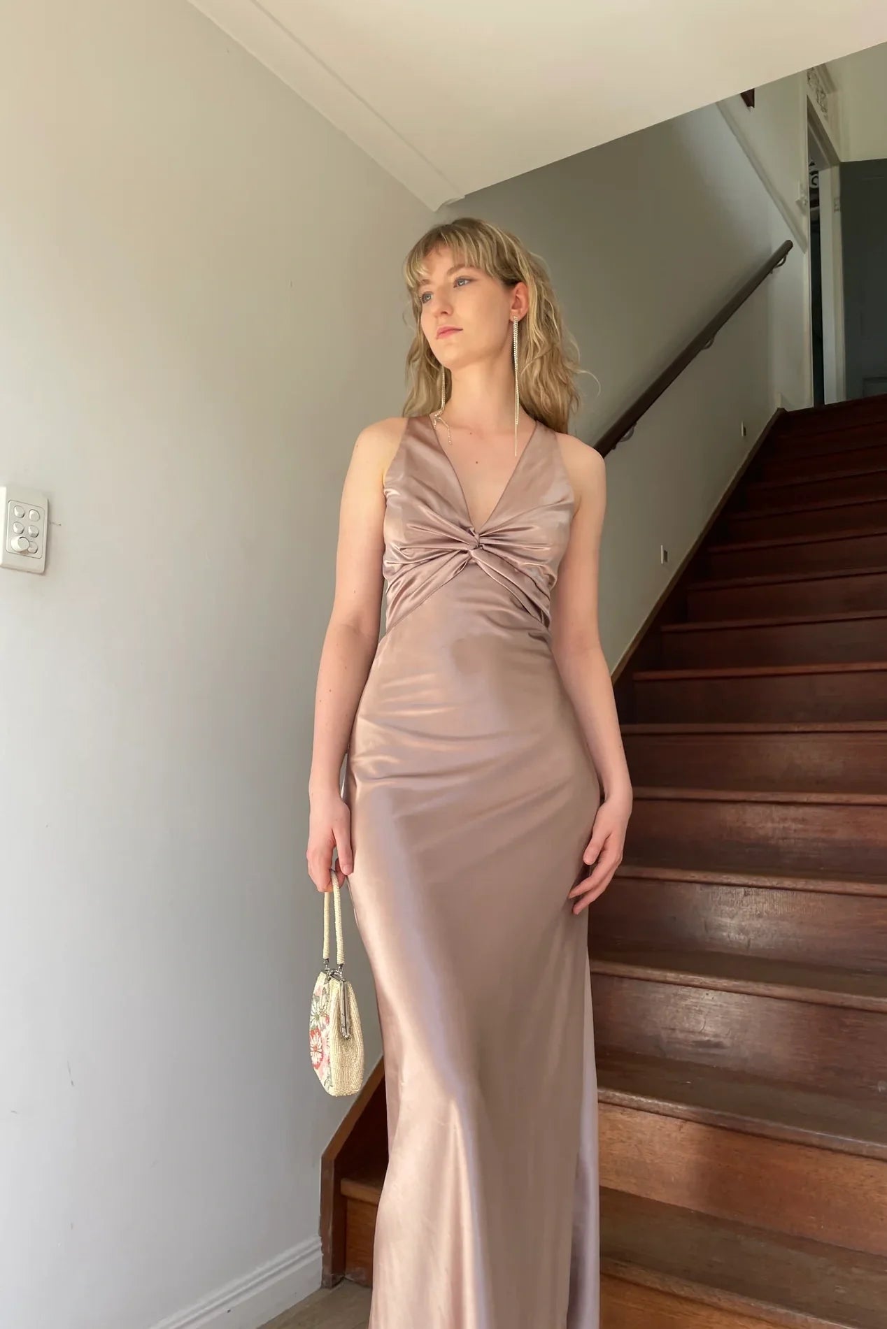 Trendy Sheath Halter Neck Purple Long Party Dress with Open Back Bowknot