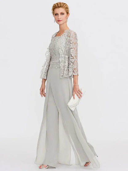3 Piece Chiffon Square Neck Mother of the Bride Pantsuits with Jacket