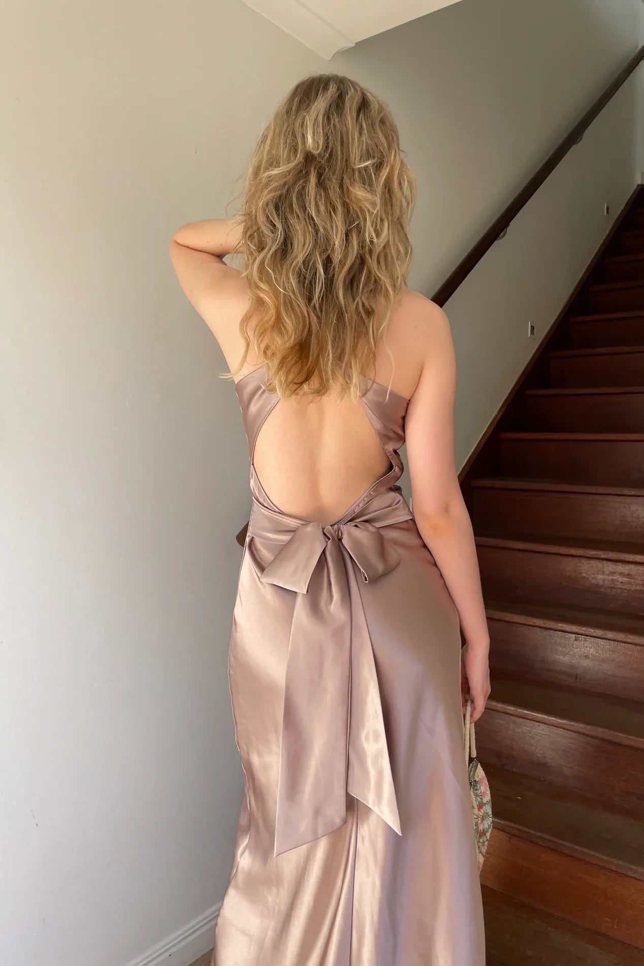 Trendy Sheath Halter Neck Purple Long Party Dress with Open Back Bowknot