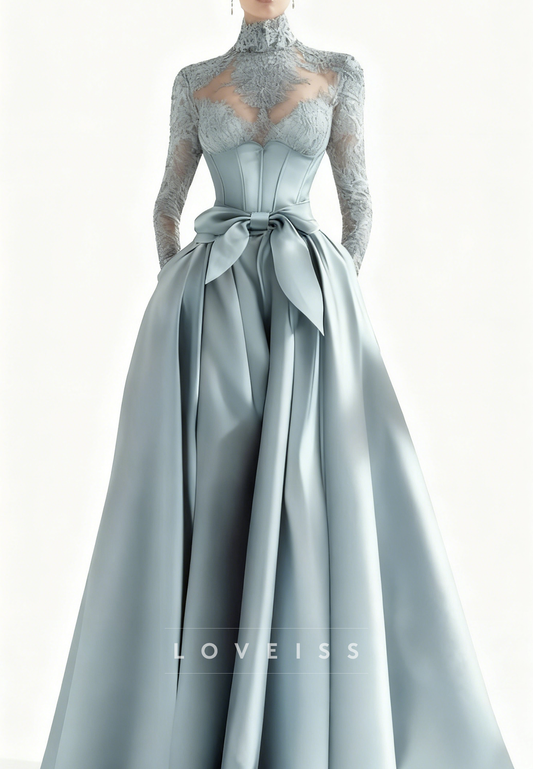 High Neck Long Sleeves Appliques A-Line Evening Dress