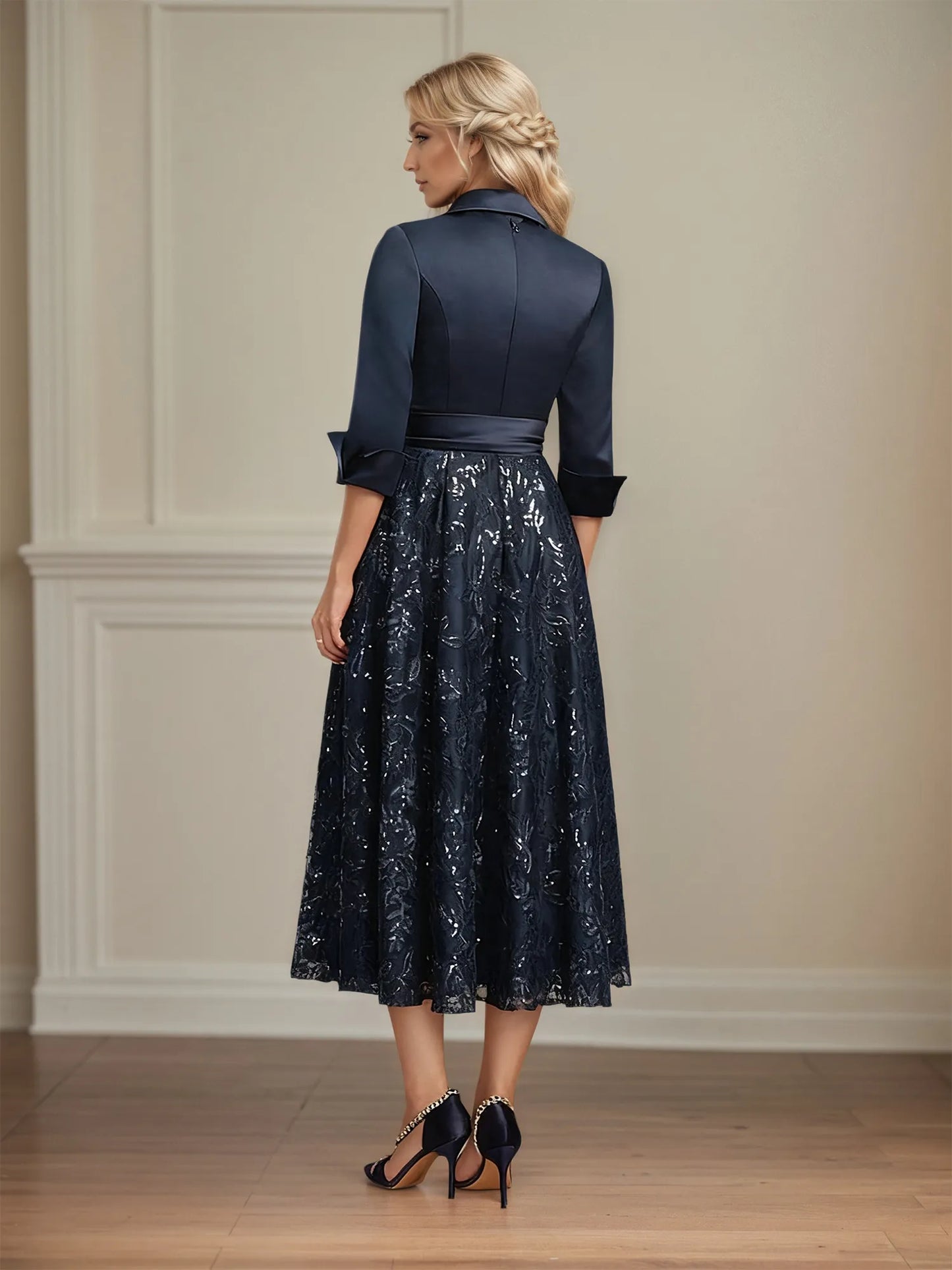 A-line Collared V-Neck Tea-Length Satin Lace Sequin Mother of the Bride Dress With Bow