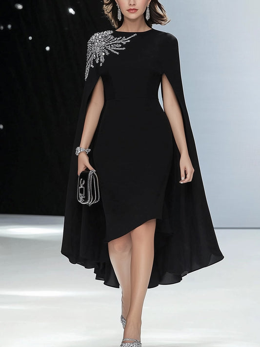 Elegant Silver Detail Cape Sleeves Dress