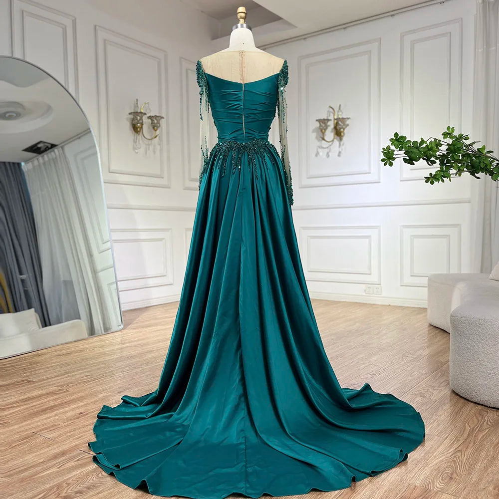 Luxury Dubai Green Mermaid Lace Beaded Satin Evening Dresses Formal Gowns