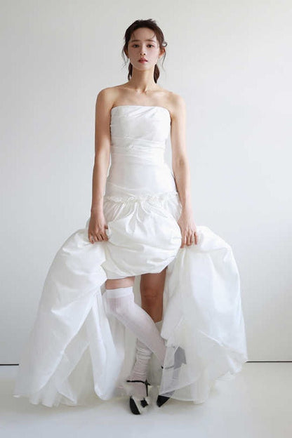 Taffeta A Line Long Wedding Dress Lace Up Back