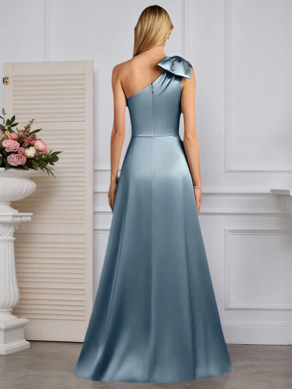A-Line One Shoulder Stretch Satin Mother Of The Bride Dress With Bow