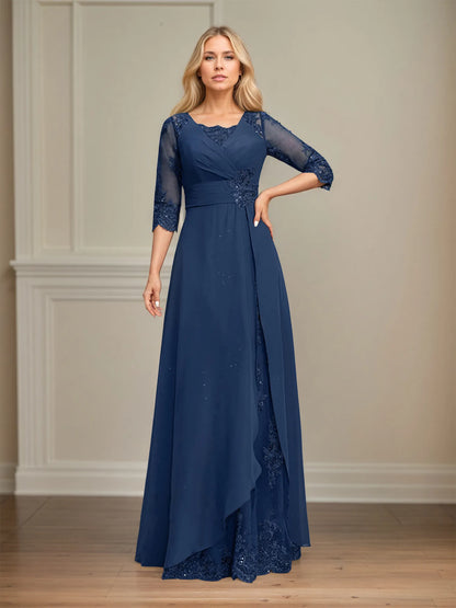 A-line Square Floor-Length Lace Chiffon Mother of the Bride Dress With Pleated Sequins