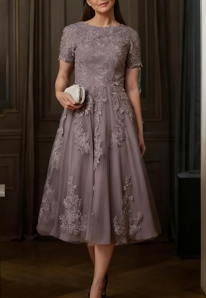 A-line Resplendent Scoop Short Sleeves Tea-Length Chiffon Mother of the Bride Dress