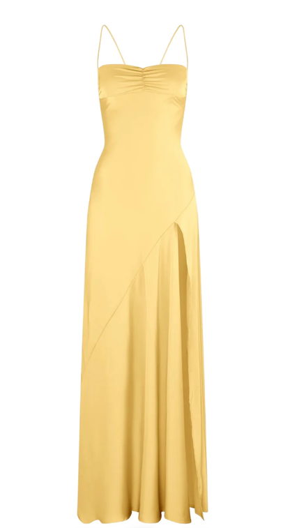 Sexy A line Spaghetti Straps Yellow Party Dress Slit Prom Dress