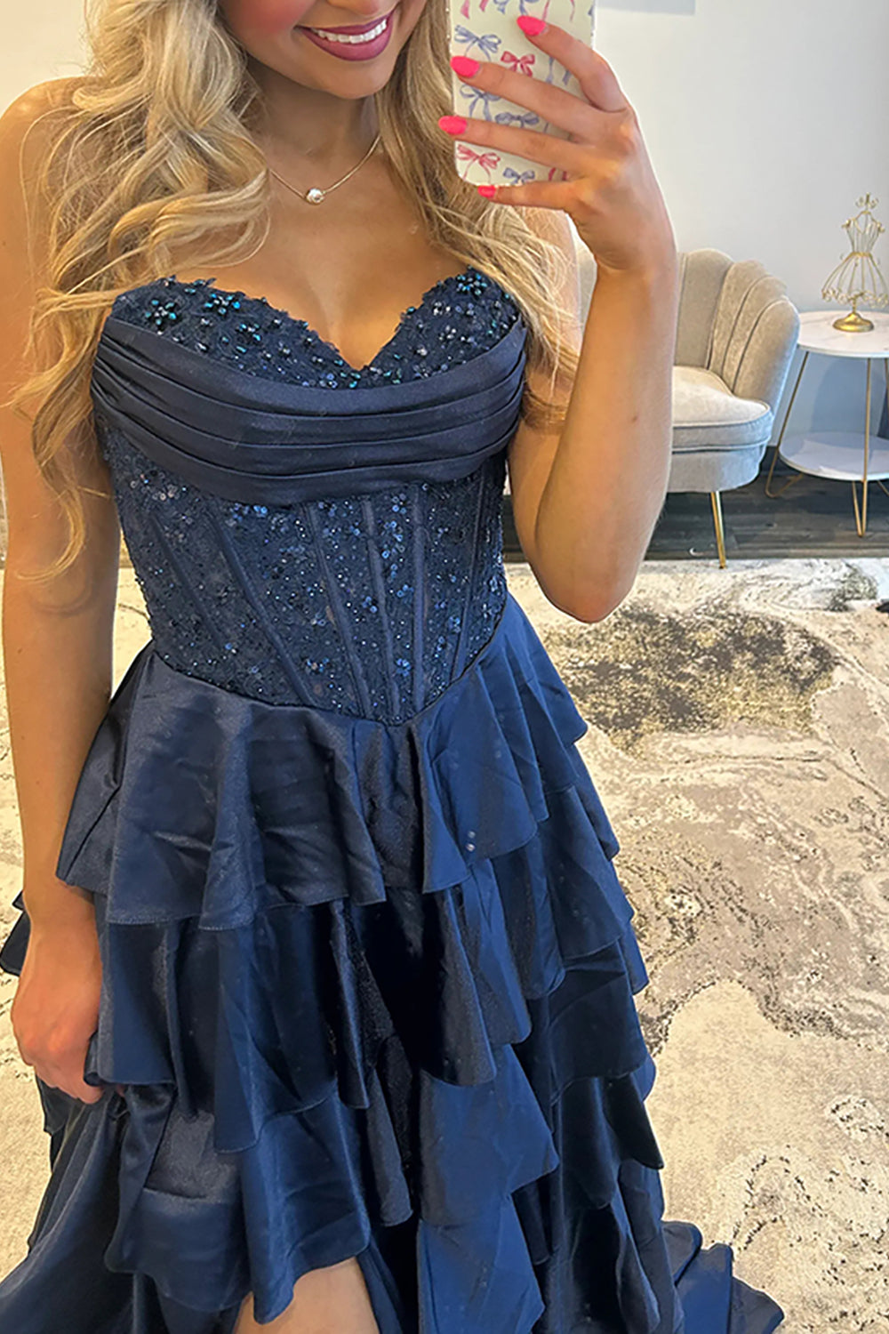 A-Line Strapless Navy Blue Ruffle Tiered Satin Long Prom Dress with Beads