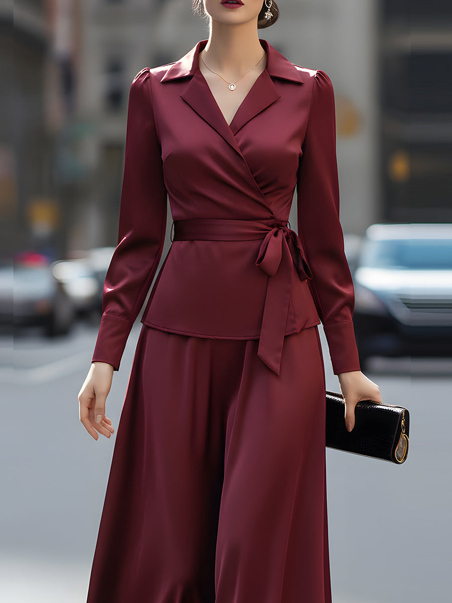 Burgundy Satin Wrap Blouse & Skirt Set