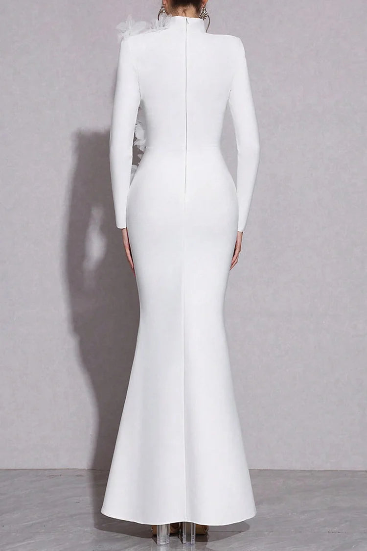 3D Rhinestone Flower Decor Mock Neck Slim Fit Party Maxi Dresses-White