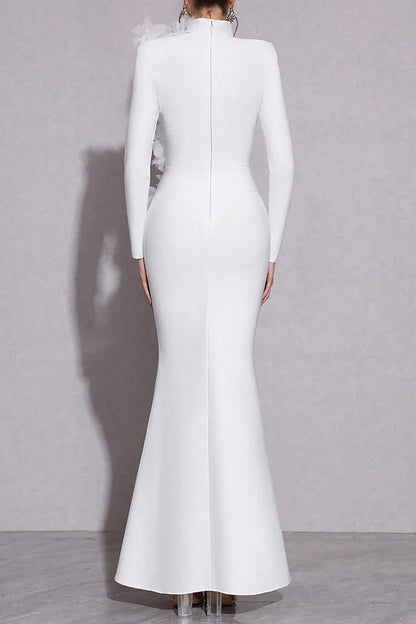 3D Rhinestone Flower Decor Mock Neck Slim Fit Party Maxi Dresses-White