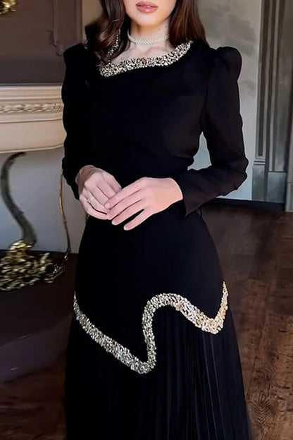 Rhinestone Beads Decor Lace Up Patchwork Pleated Chiffon Party Maxi Dresses