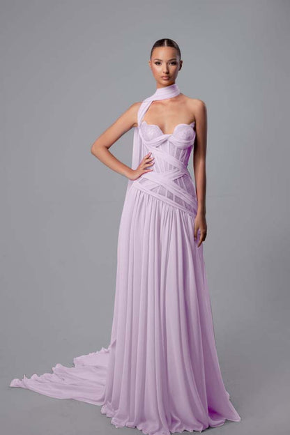 Lussooy Beautiful Chiffon Pink Print Sweetheart Sleeveless Long Split Prom Dress with Pleated