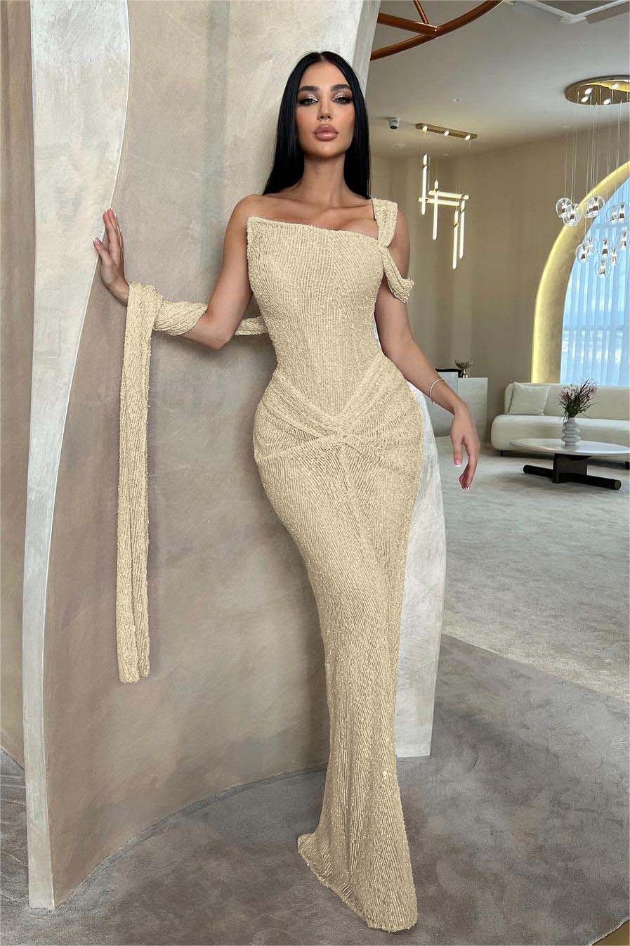 Lussooy Sage Shinning One Shoulder Sequins Sleeveless Split Prom Dress with Pleated