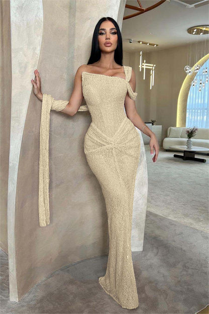 Lussooy Sage Shinning One Shoulder Sequins Sleeveless Split Prom Dress with Pleated