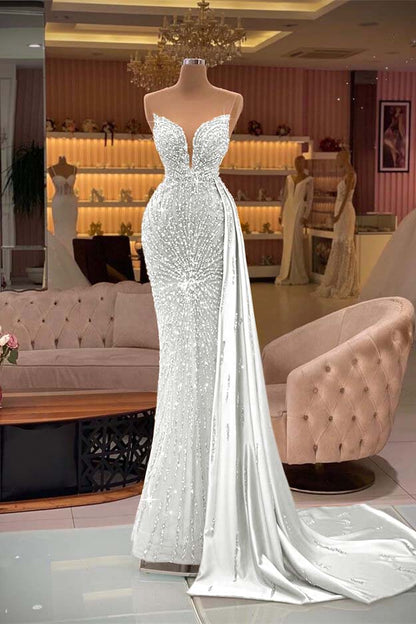 Lussooy Blue Strapless Beautiful Slit Mermaid Prom Dress With Beadings