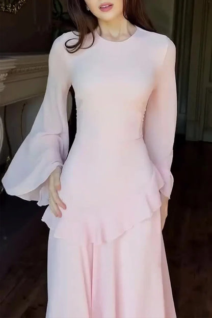 Round Neck Long Sleeve Ruffle Trim Lace Up Solid Color Maxi Dresses