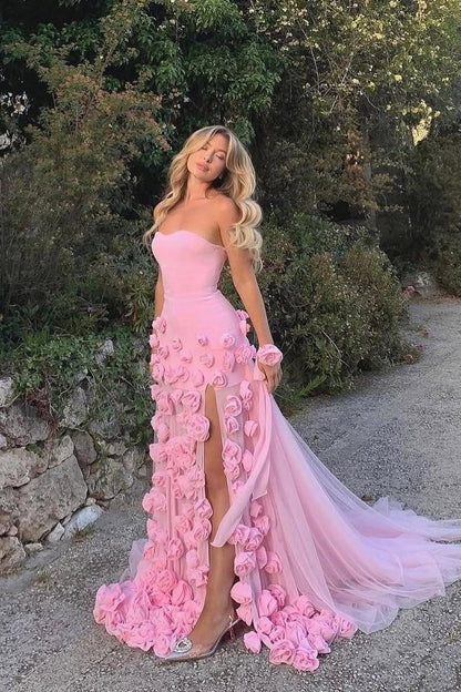 Lussooy Pink Satin Sequins Spliced Sleeveless Strapless Mermaid Prom Dress