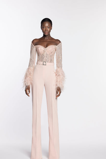 Fully beaded feathered top with crepe pants