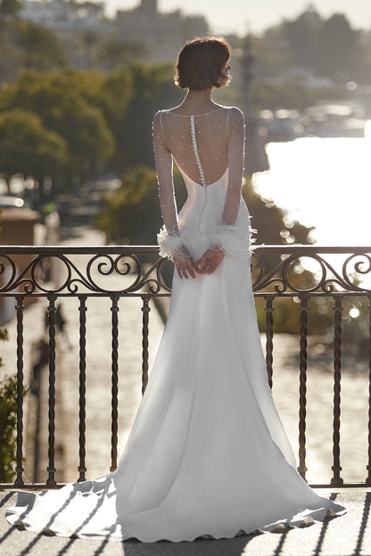 High slit wedding dress with pearl beading