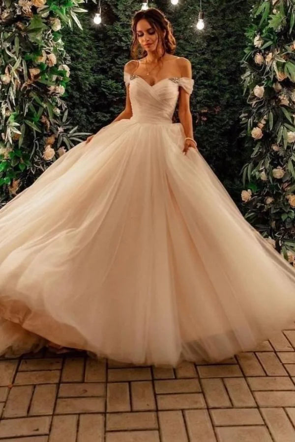 Beautiful Tulle Off-the-shoulder A-line Long Wedding Dress With Chapel Train