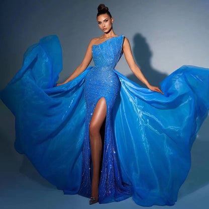 Strapless Evening Dress with High Split, Beaded Elegance