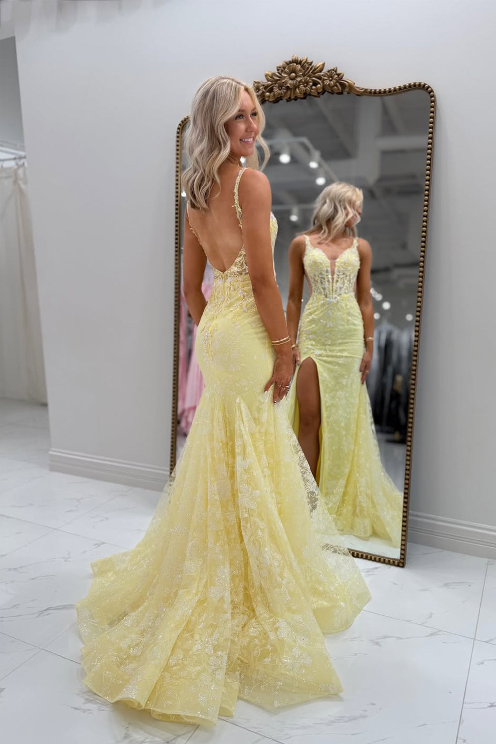 Cute Mermaid V Neck Daffodil Lace Long Prom Dress with Slit