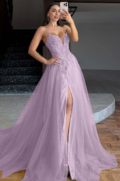 Lussooy Glamorous Satin Dusty Rose Off the Shoulder Applique Strapless Prom Dress with Split