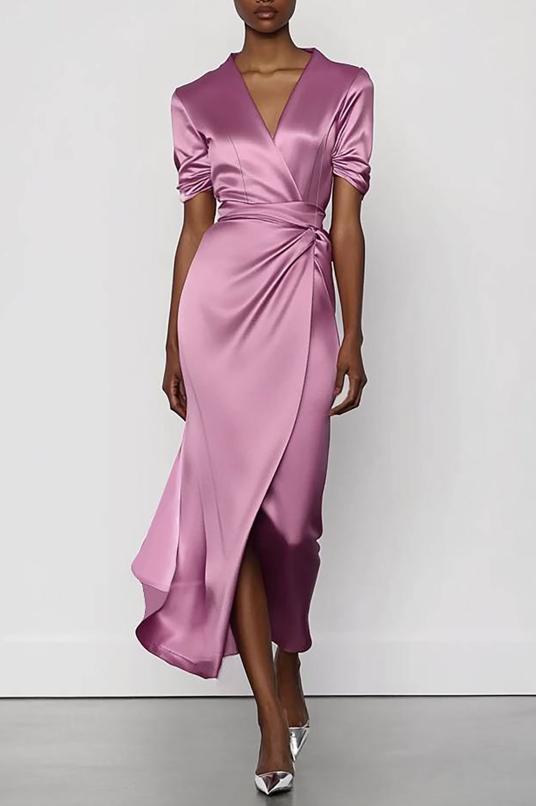 Fall Wedding Guest Dress Satin Green V-Neck Maxi Dress