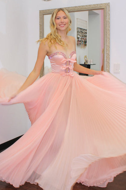 Unique A-Line Sweetheart Pink Pleate Chiffon Long Prom Dress with Beads