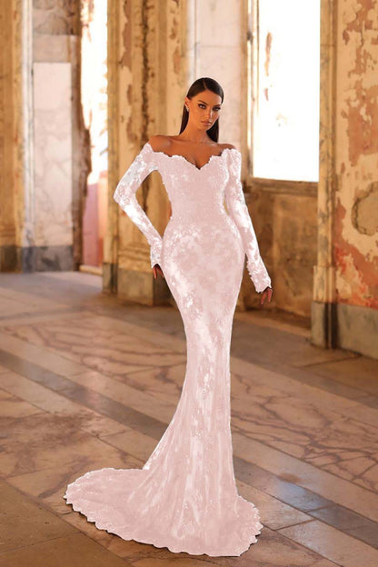 Lussooy Amazing Long Sleeves Black Lace Off the Shoulder Mermaid Prom Dress with Pleated