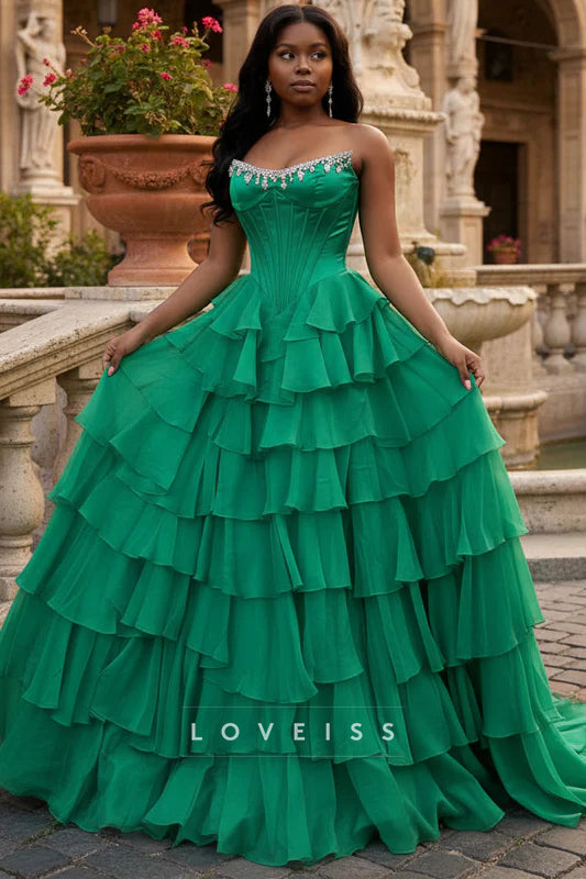 Cute Scoop Neck Green Chiffon Tiered Prom Dress with Beading