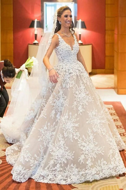 Glamorous Long A-line Floral Wedding Dress With V-Neck Lace