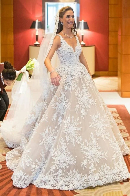 Glamorous Long A-line Floral Wedding Dress With V-Neck Lace