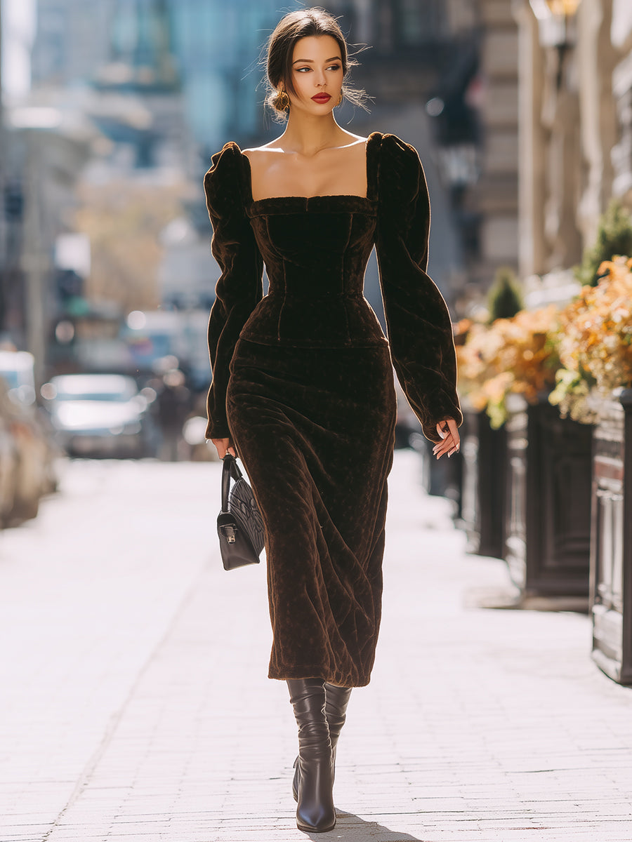 Chocolate Velvet Long Puff-Sleeve Midi Dress