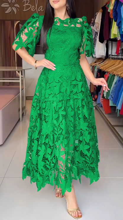 Women's short-sleeved lace hollow dress