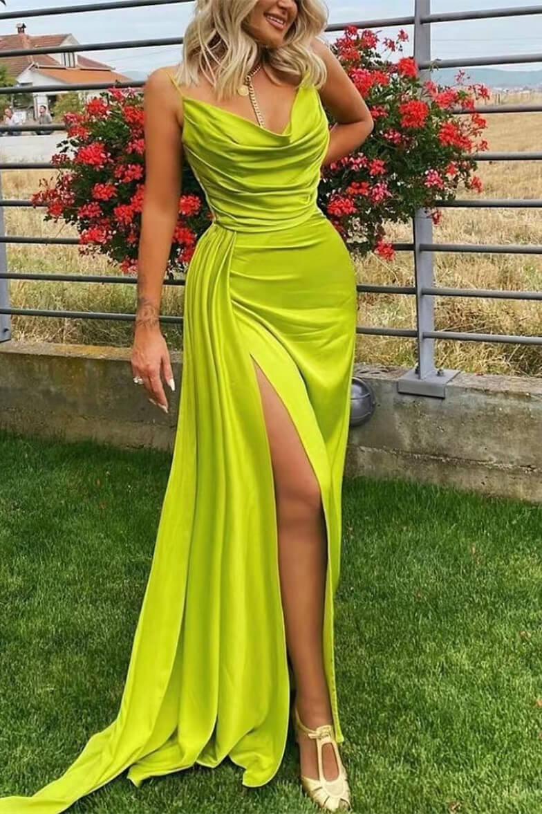 Lussooy Modern V-Neck Slit Prom Dress Spaghetti-Straps