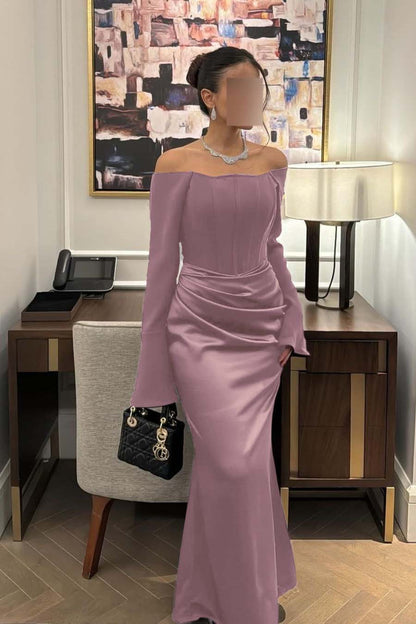 Lussooy Chic Satin Ivory Off the Shoulder Long Sleeves Prom Dress with Pleated