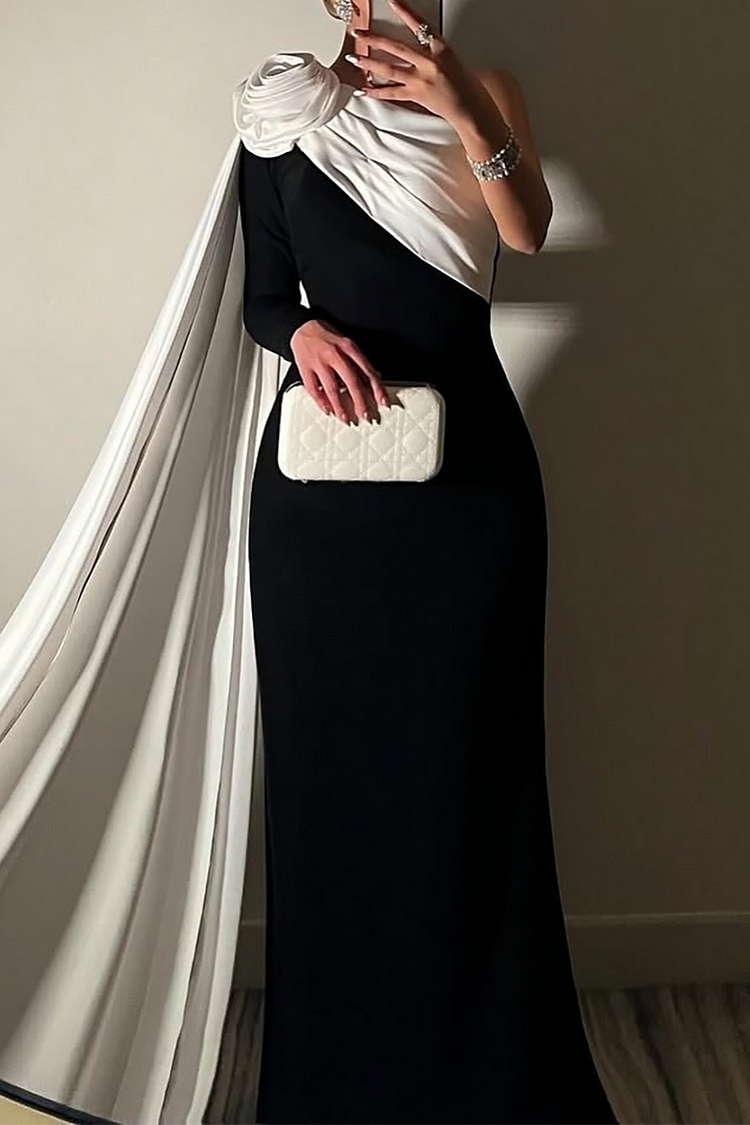 3D Flower Decor Skew Neck Colorblock Gowns Maxi Cape Dresses-Black