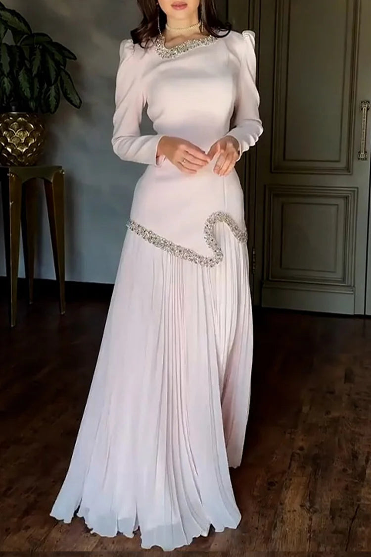 Rhinestone Beads Decor Lace Up Patchwork Pleated Chiffon Party Maxi Dresses