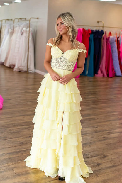 A-Line Cold Shoulder Yellow Ruffle Tiered Long Prom Dresses with Slit