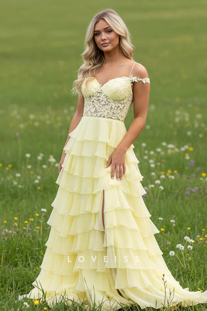 A-Line Cold Shoulder Yellow Ruffle Tiered Long Prom Dresses with Slit