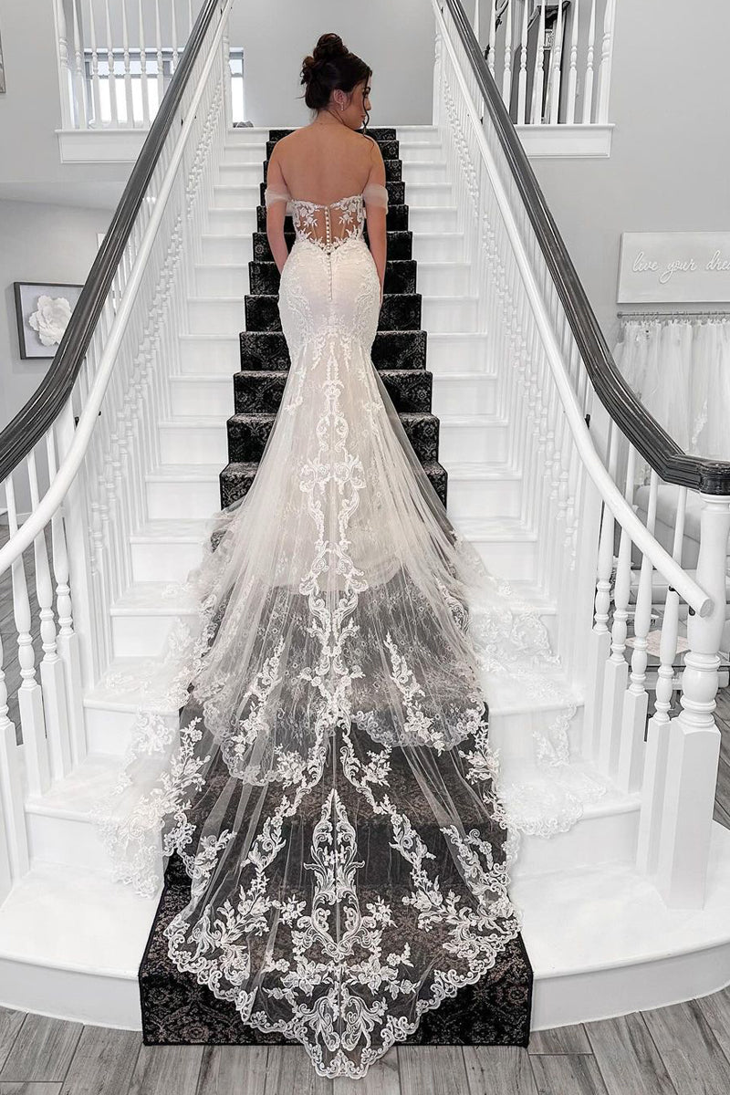 Mermaid Off the Sholder Tulle Appliques Wedding Dress