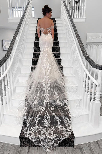 Mermaid Off the Sholder Tulle Appliques Wedding Dress