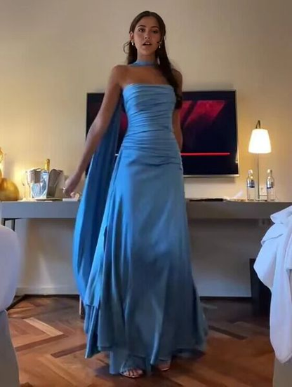 Simple A line Spaghetti Straps Blue Satin Prom Dresses Birthday Outfits