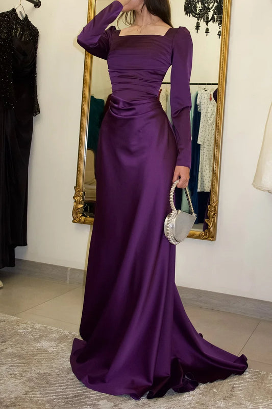 Square Neck Ruched Lace-Up Long Sleeve Party Maxi Dresses