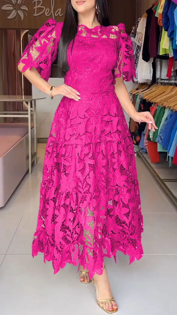 Women's short-sleeved lace hollow dress