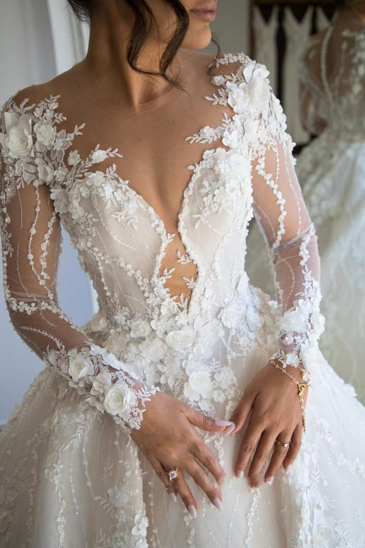 Daisad Gorgeous Long Sleeves A-line Sweetheart Open Back Wedding Dress With Tulle Lace