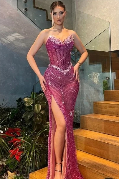 Sweetheart  Strapless Sleeveless Stuning Beaded Slit Prom Dress